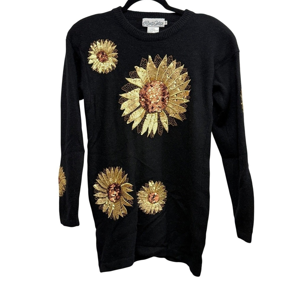 Vintage 90s Alexa Grace Sequin Sunflower Sweater‎ Womens S Lambswool Whimsygoth